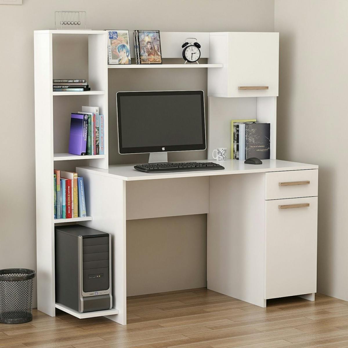 Bureau ordinateur fixe blanc avec rangement et étagères MARFA
