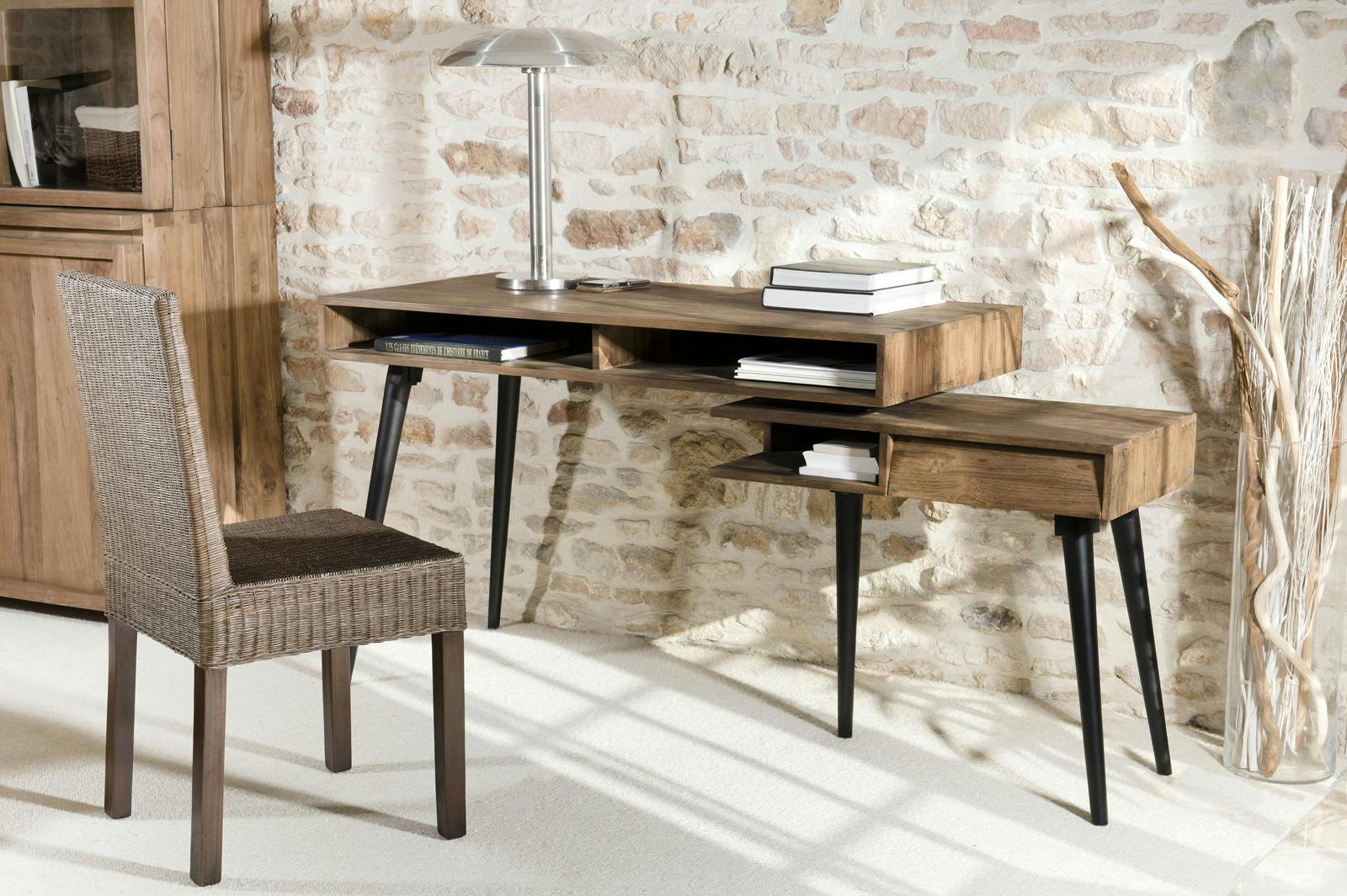 Bureau rotatif esprit scandinave en Teck recyclé 1 tiroir, 3 niches 160x59,5x78cm SWING