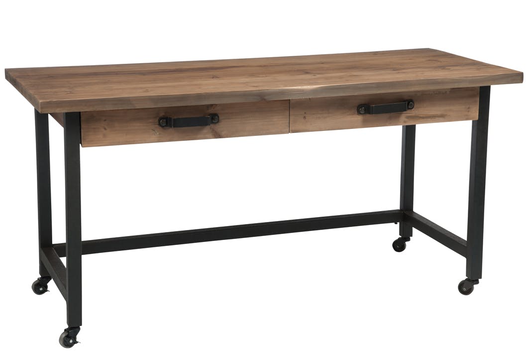 Bureau roulettes bois et métal, 2 tiroirs, 153x66x76cm FOREST