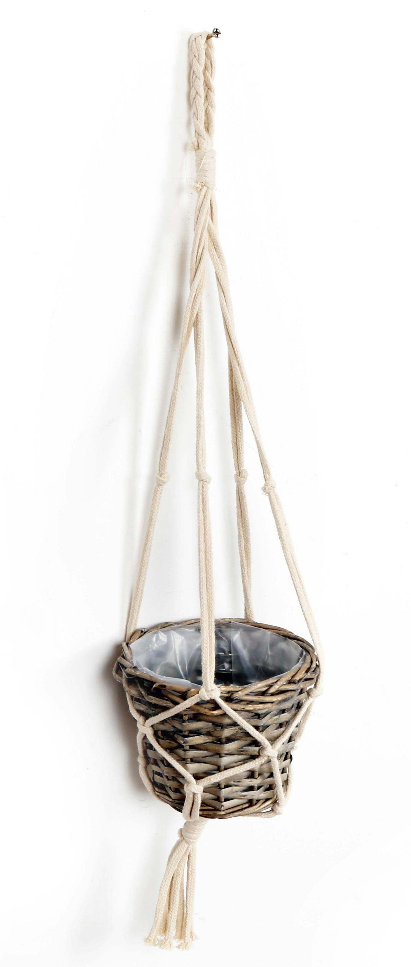 Cache pot en vannerie naturelle foncée en suspension macramé 70cm