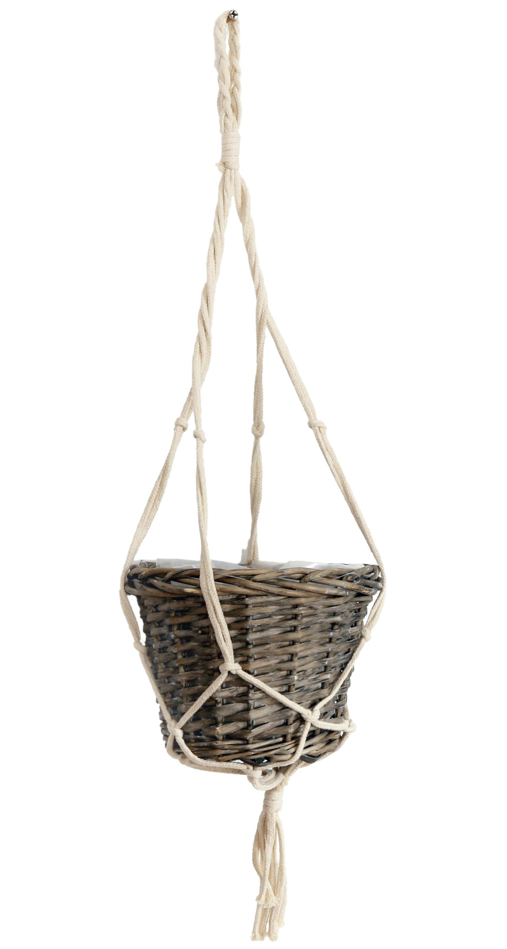Cache pot en vannerie naturelle foncée en suspension macramé 75cm