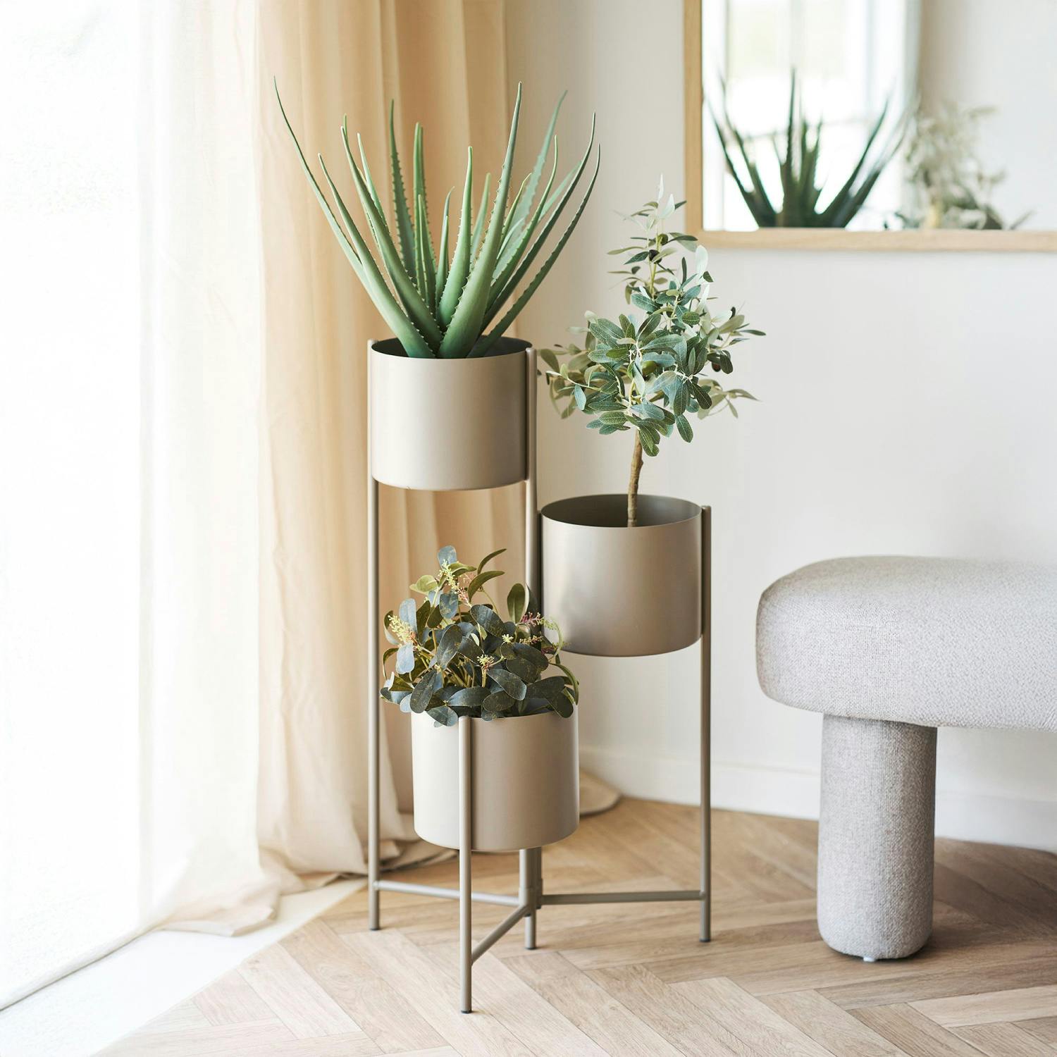 Cache-pot haut salon en métal marron, 3 contenants