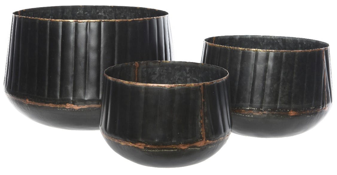 Cache-pots en métal noir rebords cuivrés (lot de 3)