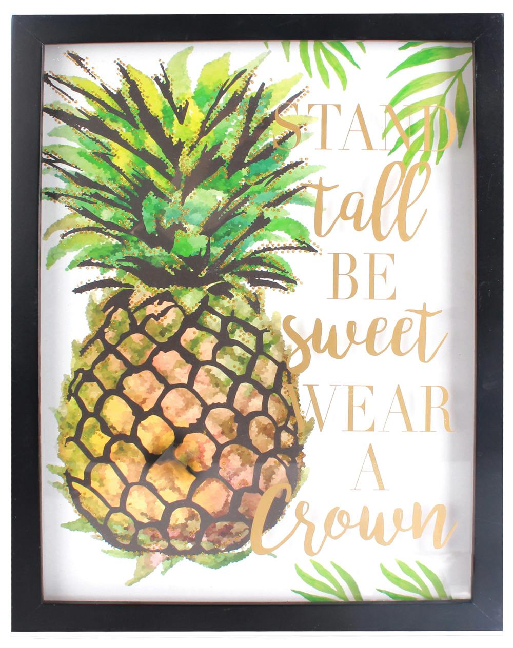 Cadre décoré Ananas en 3D avec paillettes en bois et métal 30x40cm