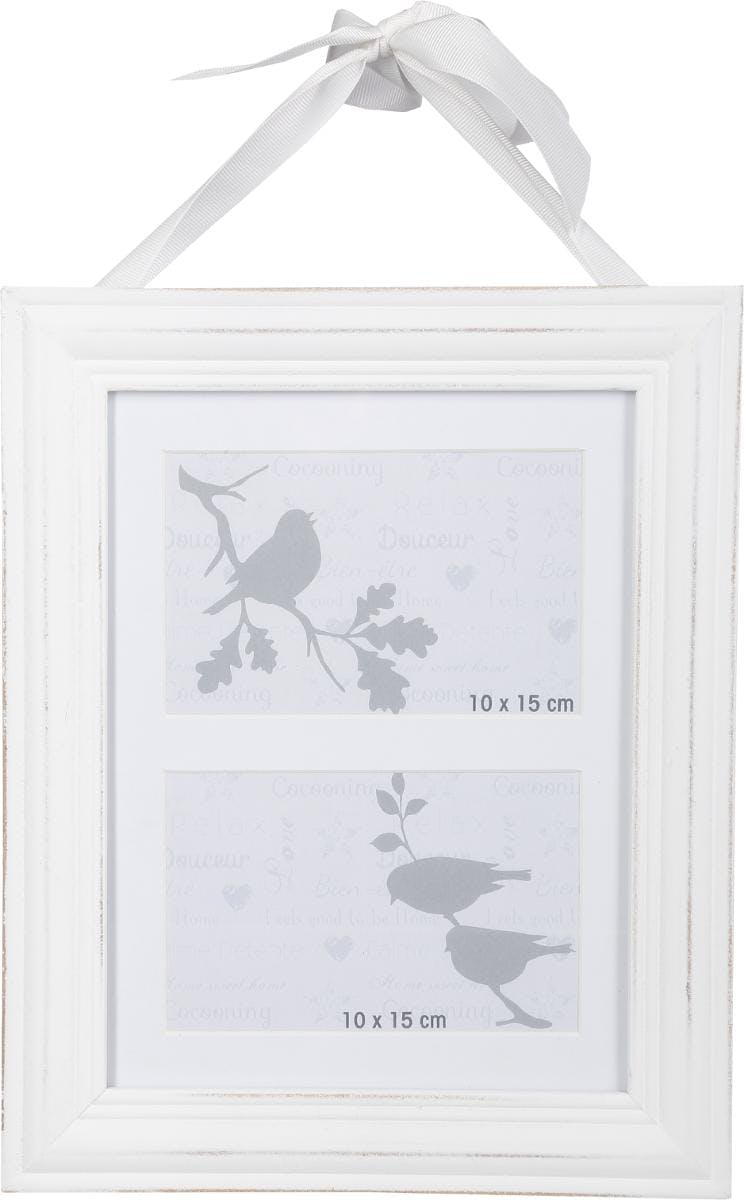 Cadre Pêle-Mêle 2 vues en bois blanc aspect vieilli et ruban 24,5x31cm