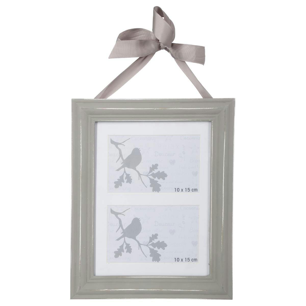 Cadre Pêle-Mêle 2 vues en bois couleur taupe aspect vieilli et ruban 24,5x31cm