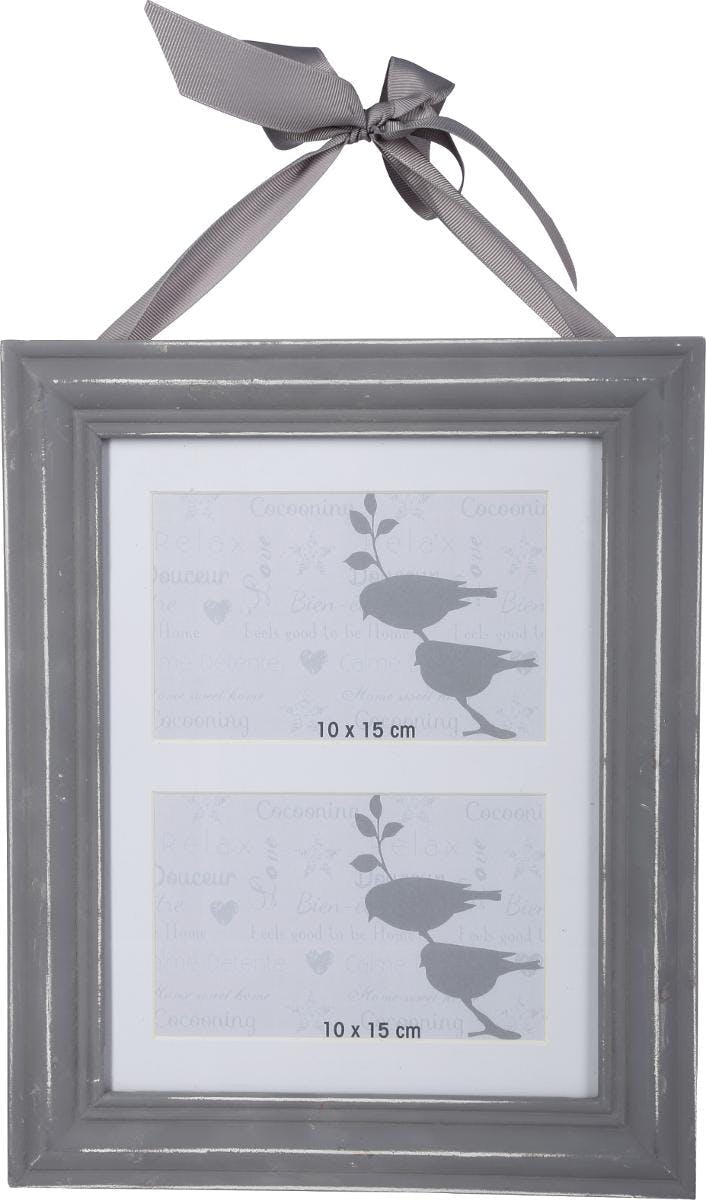 Cadre Pêle-Mêle 2 vues en bois gris aspect vieilli et ruban 24,5x31cm