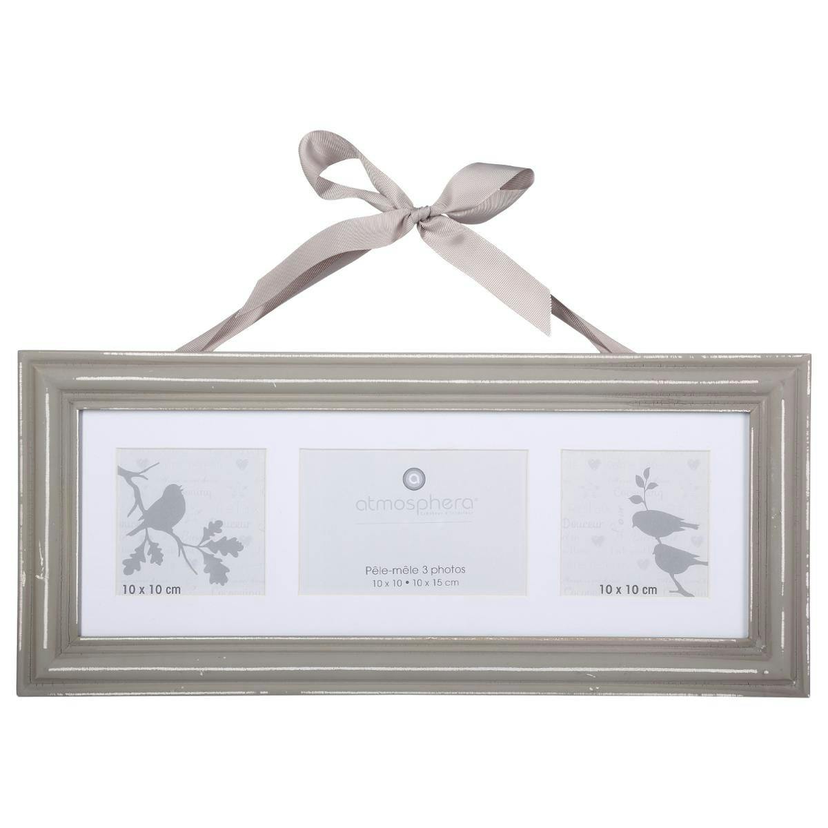 Cadre Pêle-Mêle 3 vues en bois couleur taupe et ruban 48x21,5cm