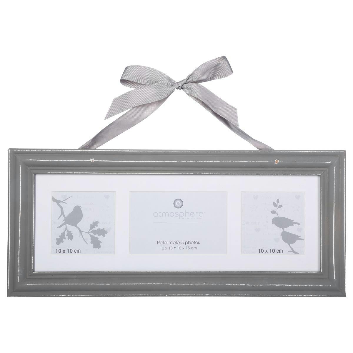 Cadre Pêle-Mêle 3 vues en bois gris et ruban 48x21,5cm