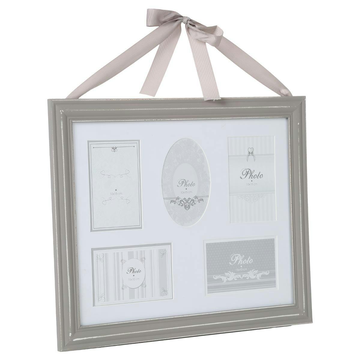 Cadre Pêle-Mêle 5 vues en bois couleur taupe et ruban rose pâle 46x37cm