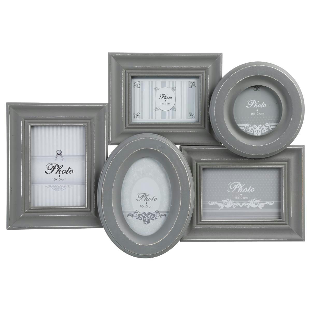 Cadre Pêle-Mêle 5 vues en bois gris aspect patiné vieilli 56x32cm