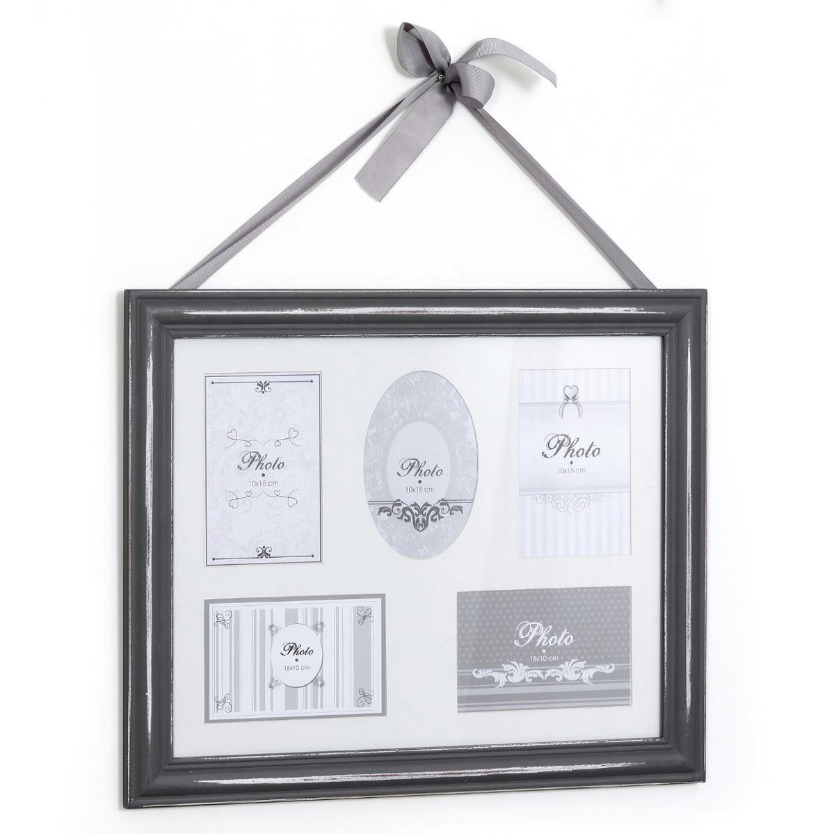 Cadre Pêle-Mêle 5 vues en bois gris et ruban gris clair 46x37cm