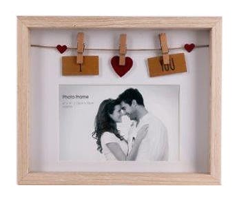 Cadre photo à message "I ? You" en bois naturel avec suspension c?urs de 3 pinces 18x3x22cm