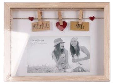 Cadre photo à message "Meilleurs ? Amis" en bois naturel avec suspension c?urs de 3 pinces 18x3x22cm