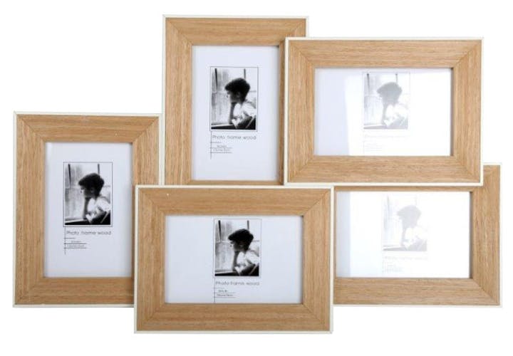 Cadre photo multi-cadre 5 photos en bois naturel et bordure blanche