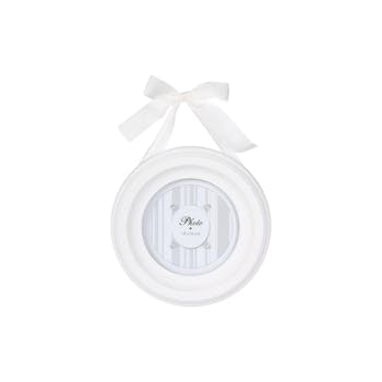 Cadre photo rond en bois écru et ruban blanc D21cm