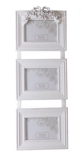 Cadre photo triple bois blanc écru avec décor n?ud de roses 19x69cm
