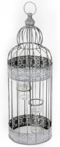 Cage à oiseaux métal gris à motifs ajourés avec 3 photophores en verre 52x18cm