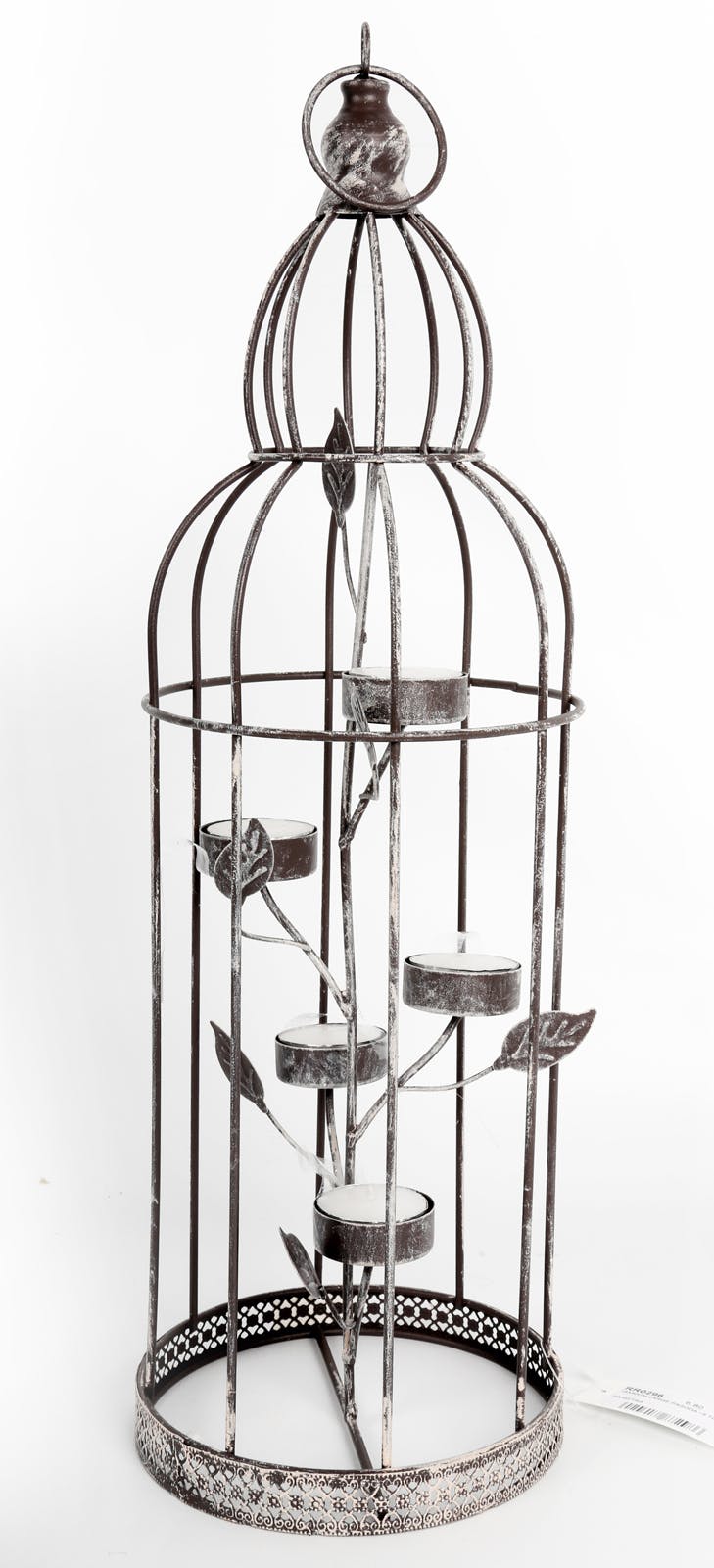 Cage à oiseaux métal gris style pagode décor feuilles avec 5 porte chauffe-plats 15x49,5x15cm