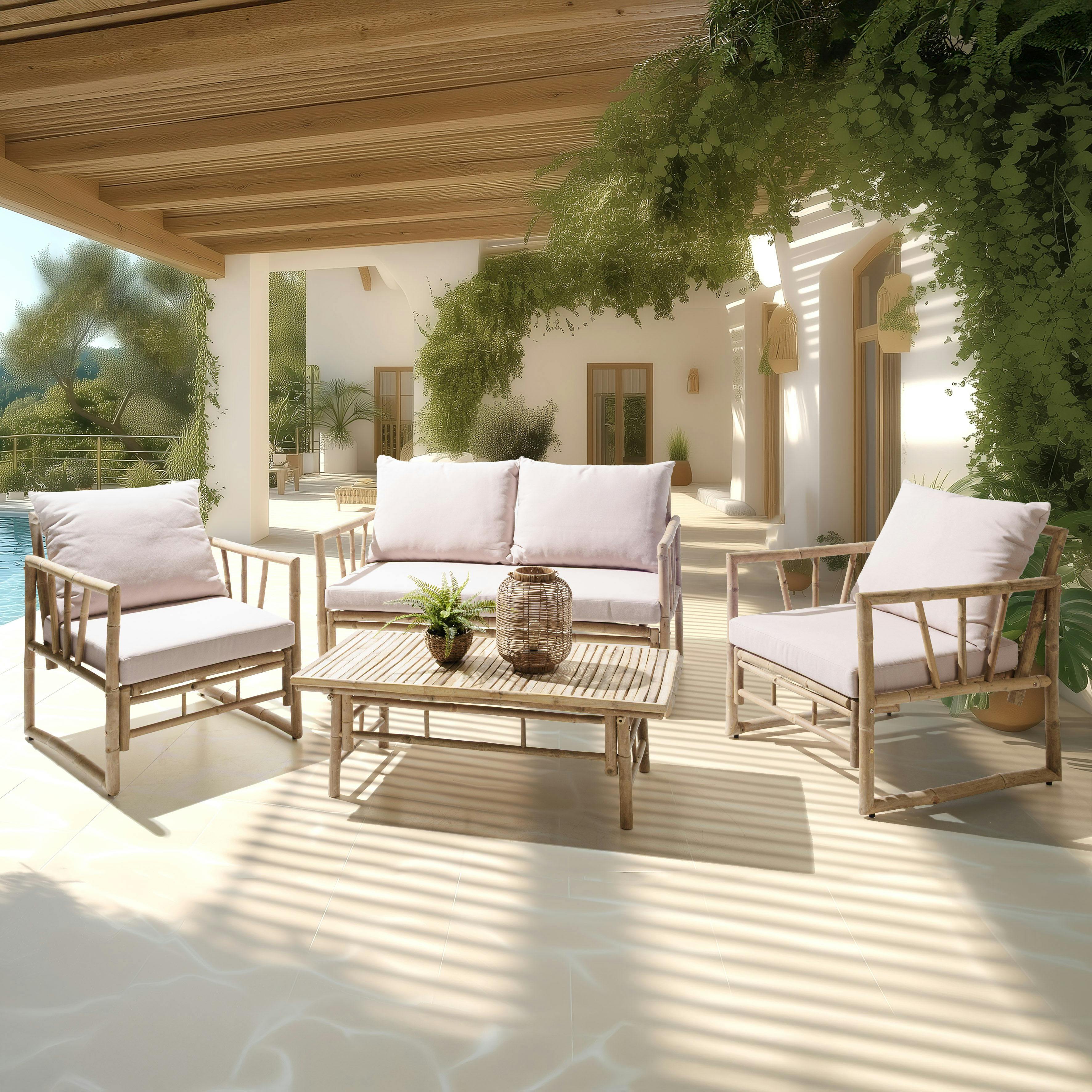 Canapé 2 places, 2 fauteuils et table basse en bambou CALVIA