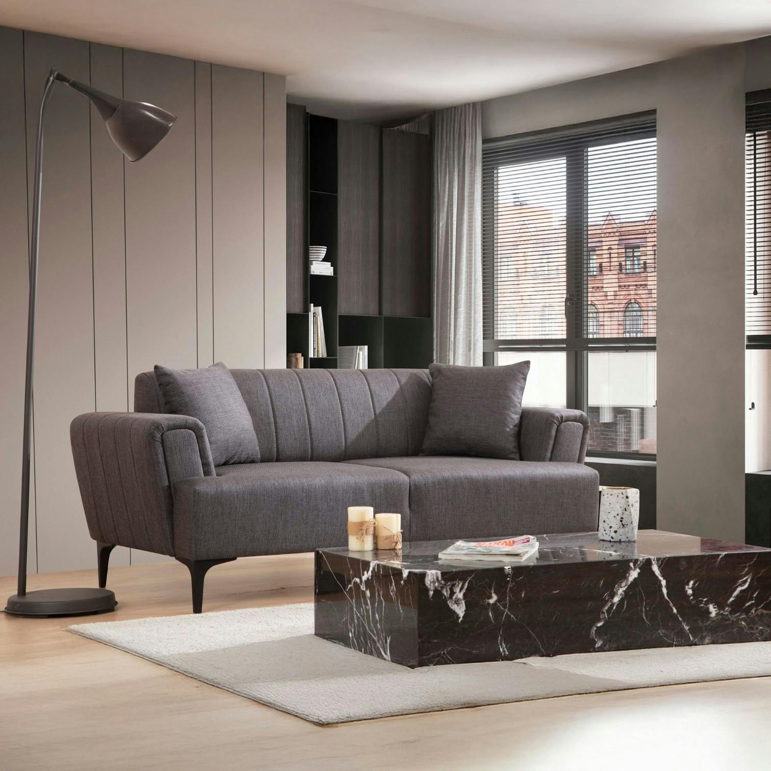 Canapé 2 places anthracite, dossier à coutures verticales LUCCA