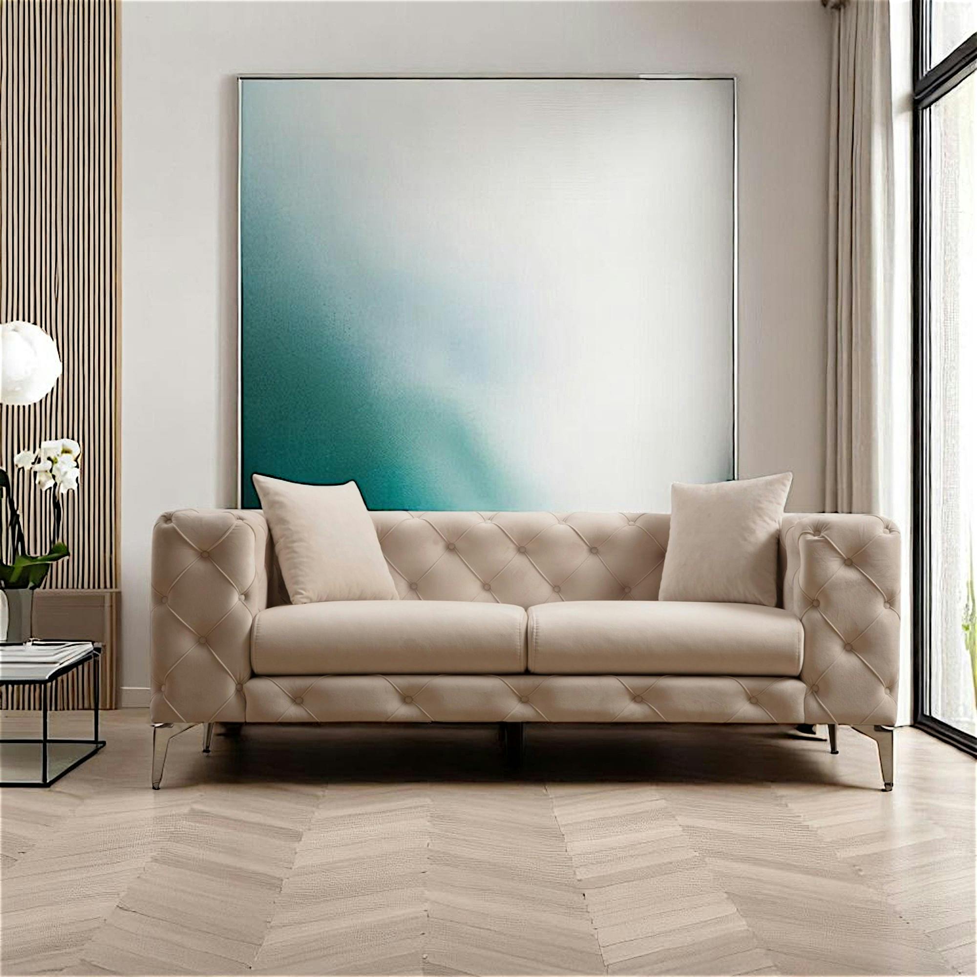 Canapé 2 places beige en velours capitonné DOVER