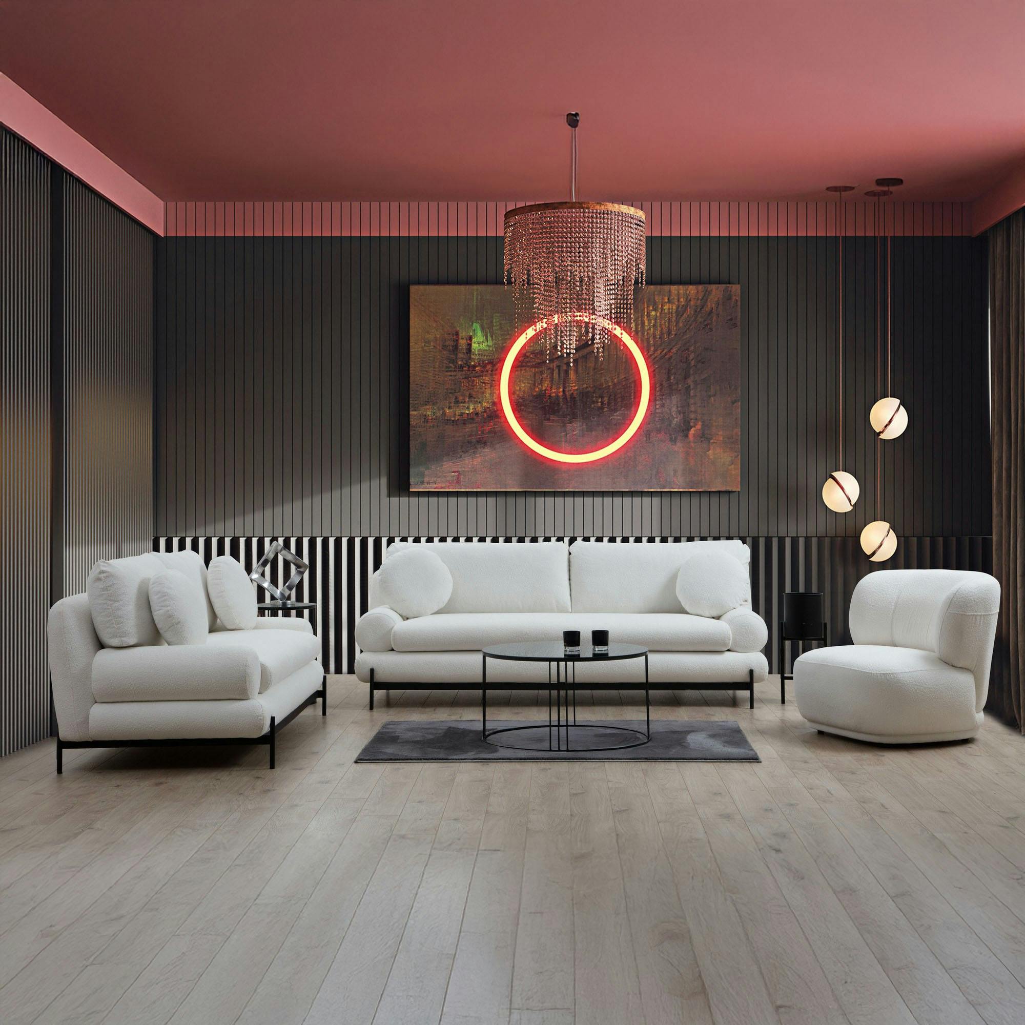 Canapé 2 places blanc bouclette, coussins ronds SION