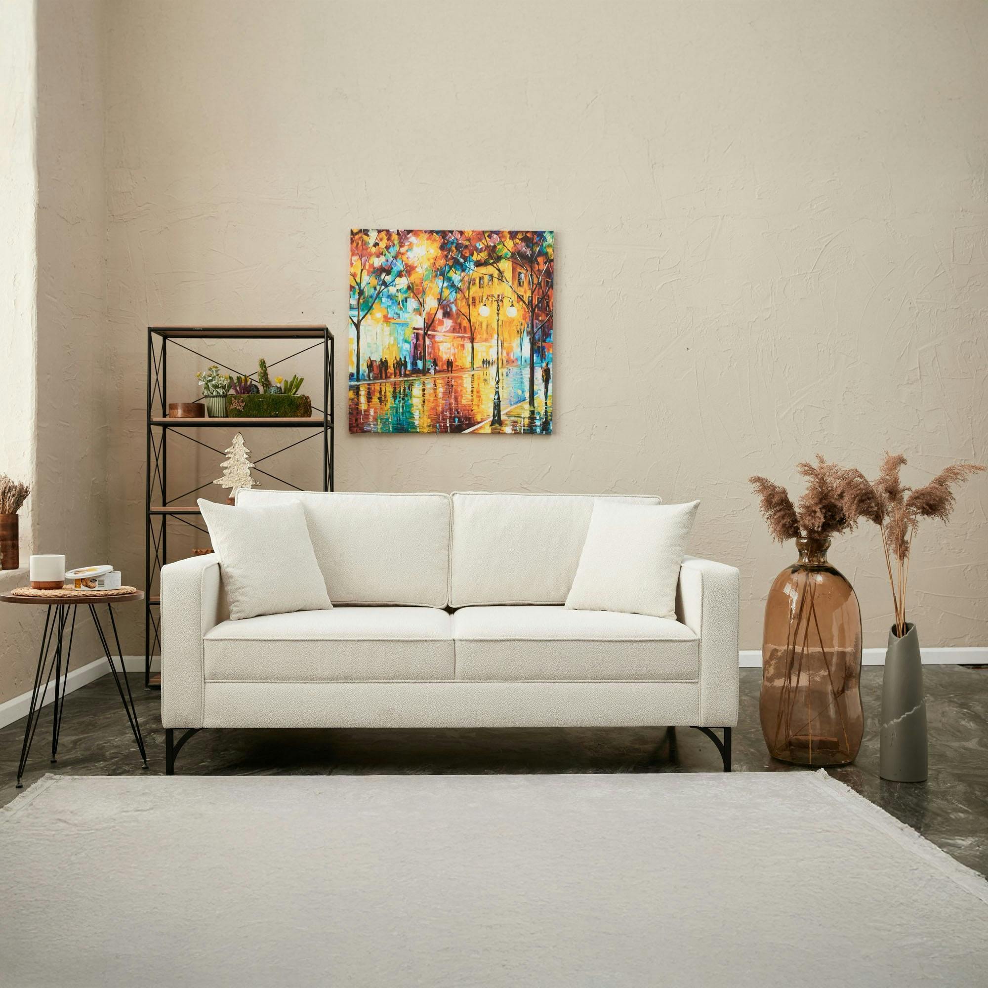 Canapé 2 places blanc crème moderne, pieds noirs NEOLIA