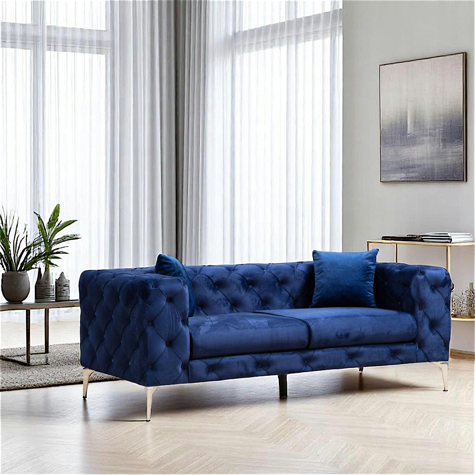 Canapé 2 places bleu nuit en velours capitonné DOVER