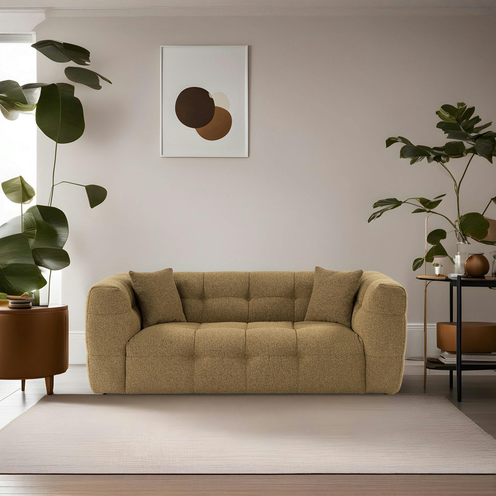 Canapé 2 places capitonné kaki, coussins assortis RAVELLO