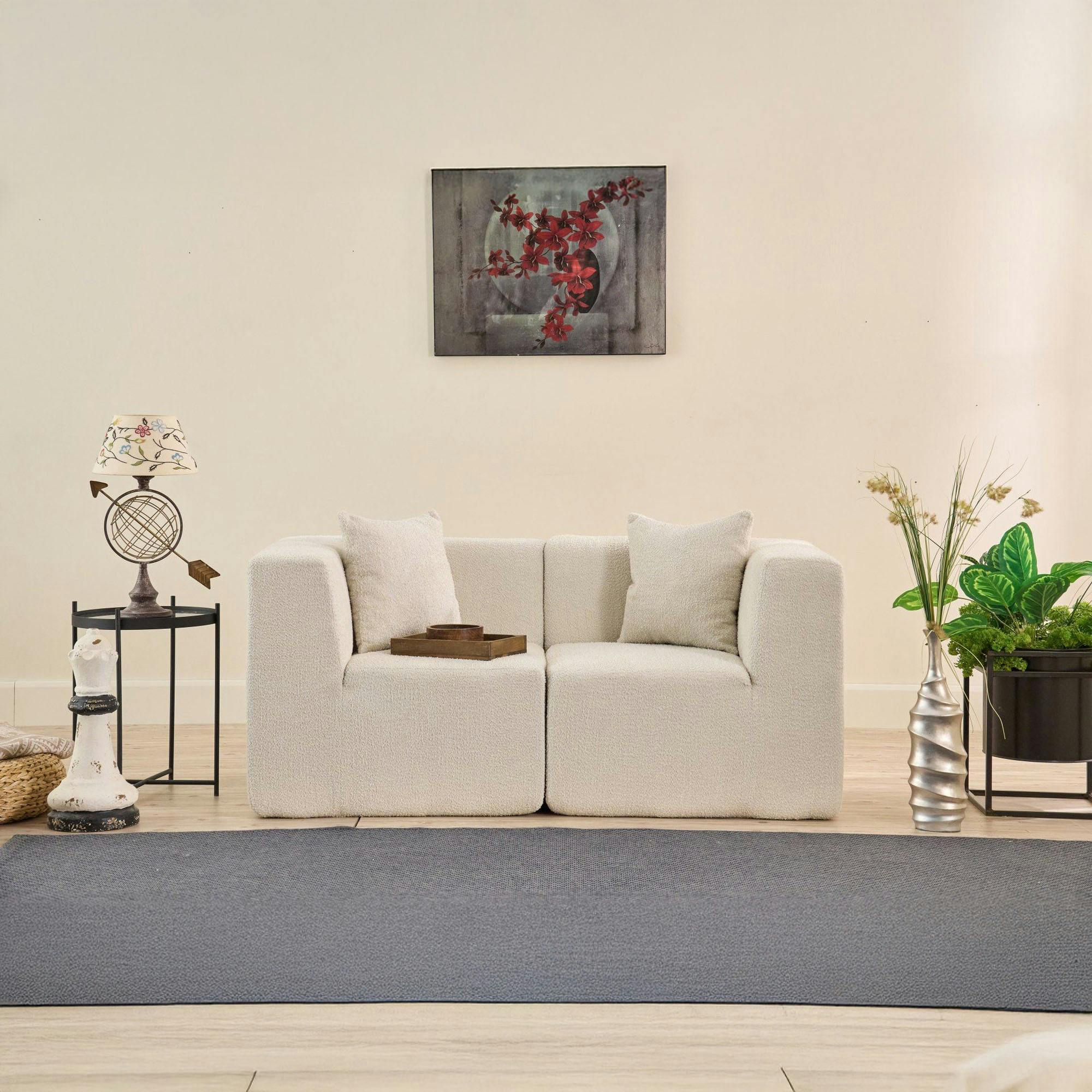 Canapé 2 places compact blanc tissu chenille PLOVIA