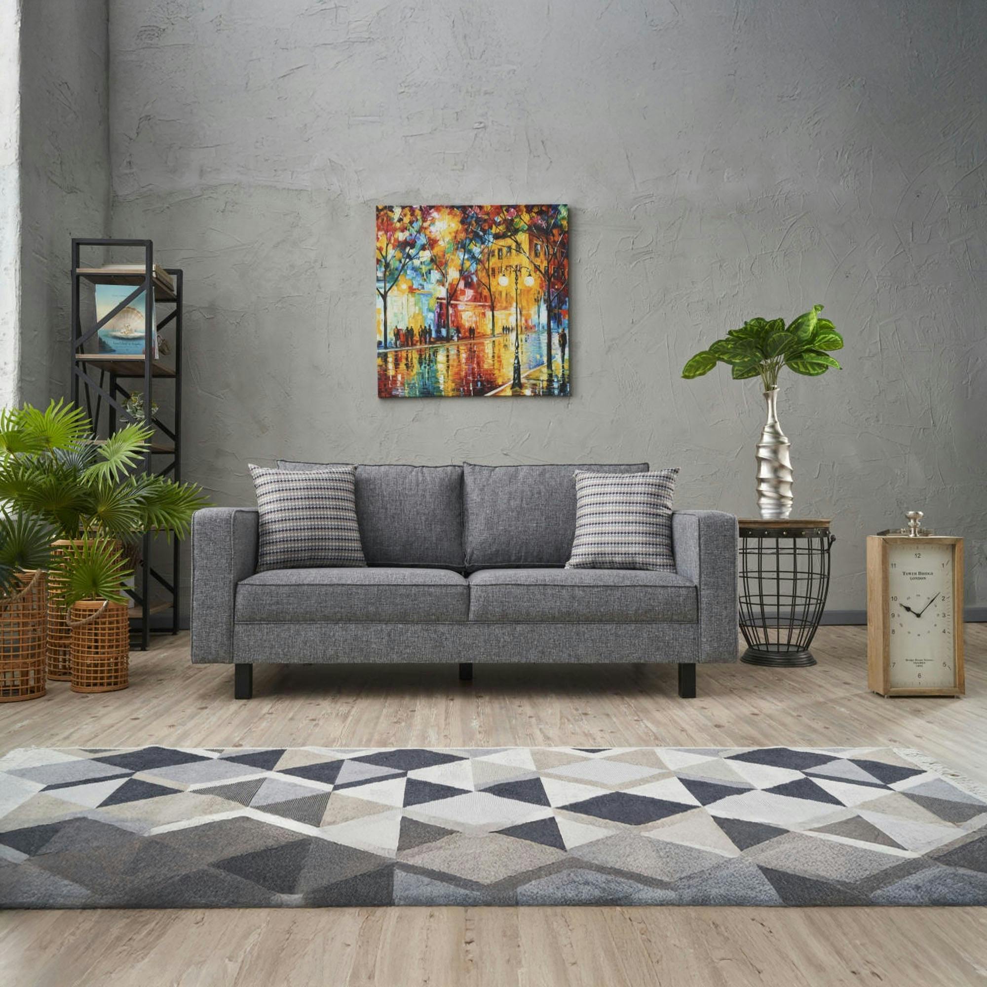 Canapé 2 places en lin gris, coussins pied-de-poule CORTONA