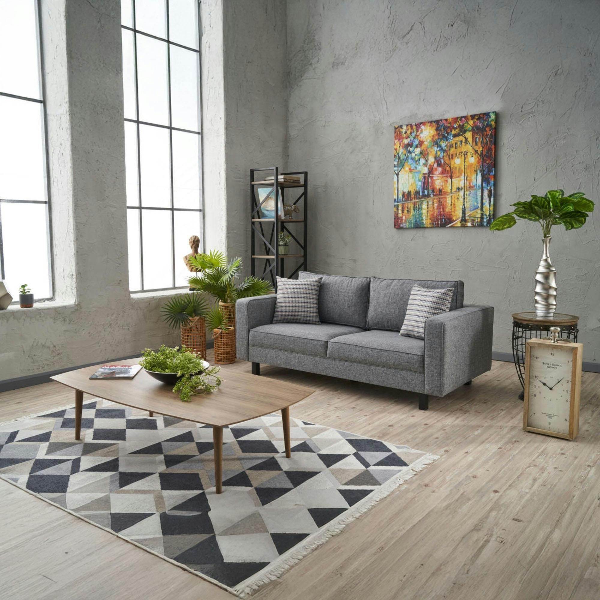 Canapé 2 places en lin gris, coussins pied-de-poule CORTONA