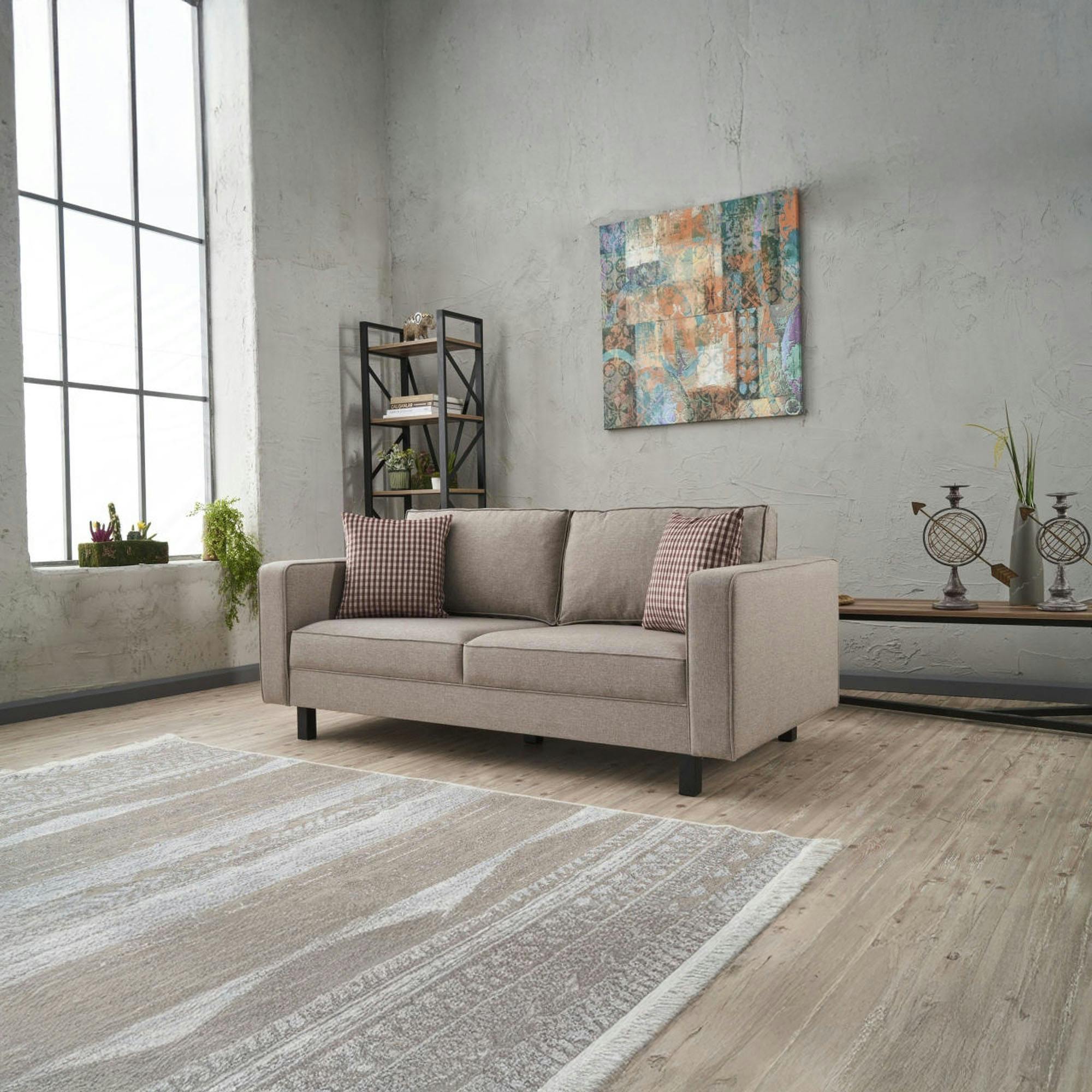 Canapé 2 places en lin taupe, coussins à carreaux CORTONA