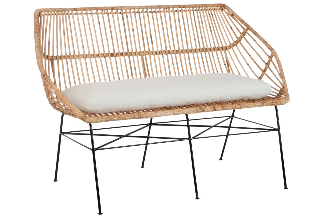 Canapé 2 places en rotin naturel + coussin, pieds métal, 130x62x89cm