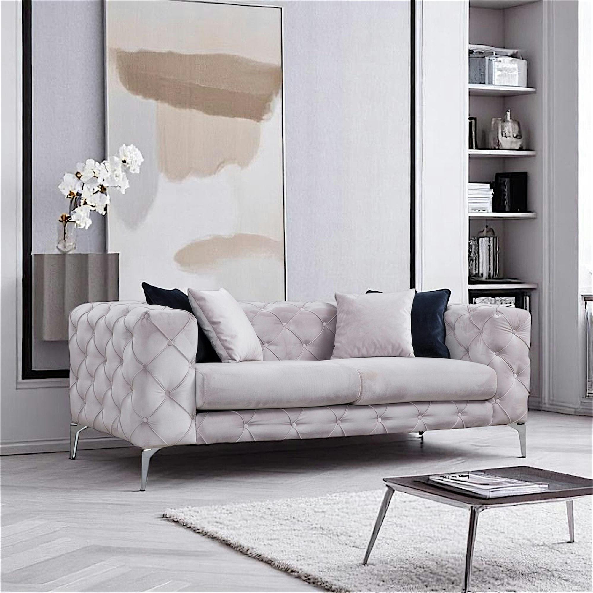 Canapé 2 places gris clair en velours capitonné DOVER