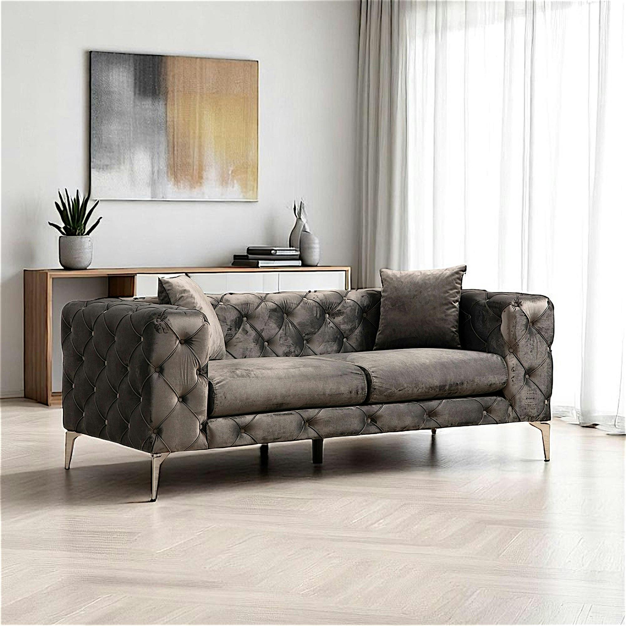 Canapé 2 places gris en velours capitonné DOVER