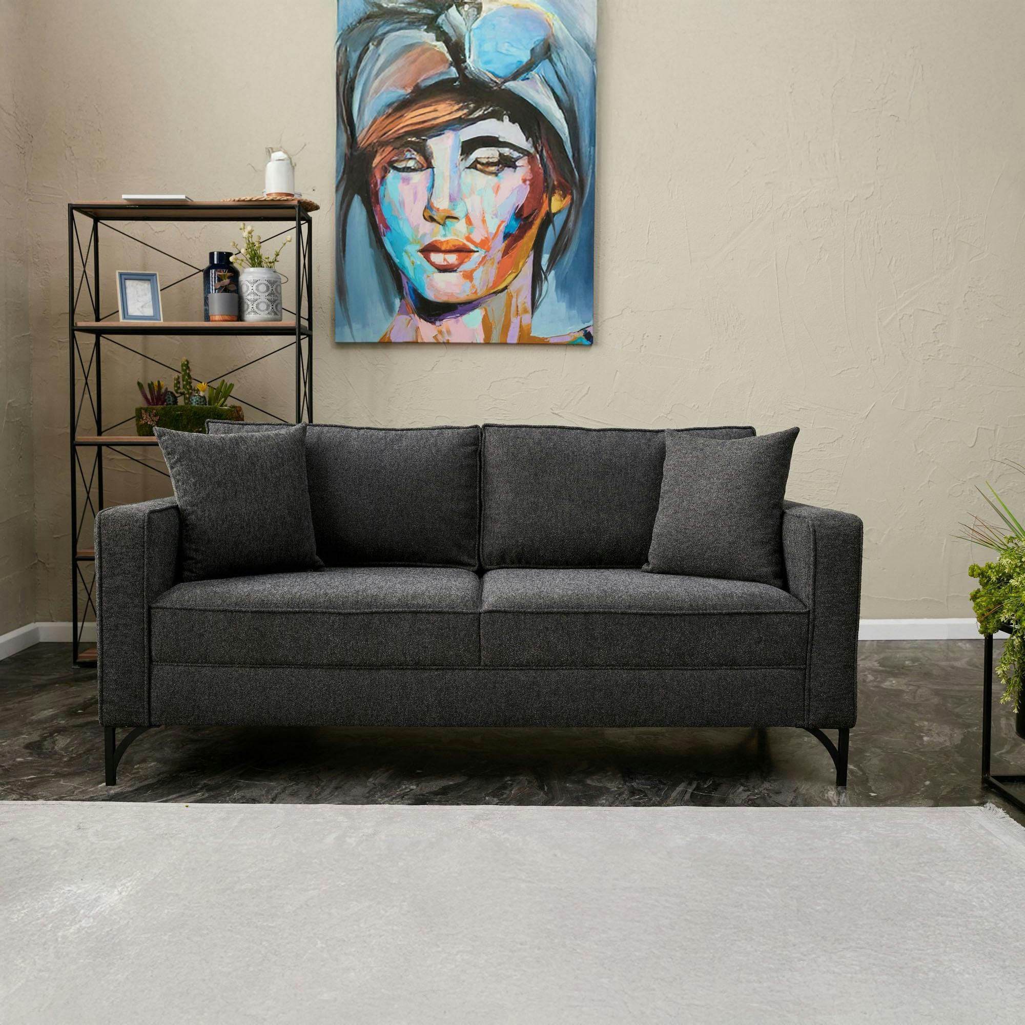 Canapé 2 places gris foncé moderne, pieds noirs NEOLIA