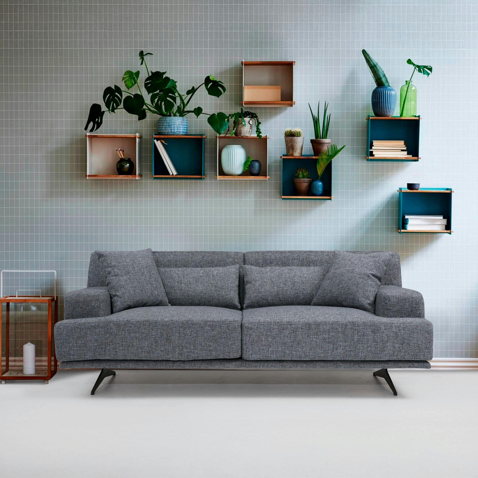 Canapé 2 places gris moderne, pieds métal noir CREWE