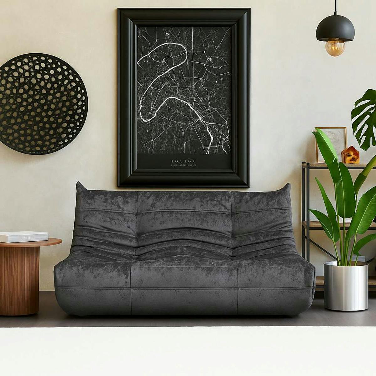 Canapé 2 places gris sombre tissu plissé 145 cm ARVEN