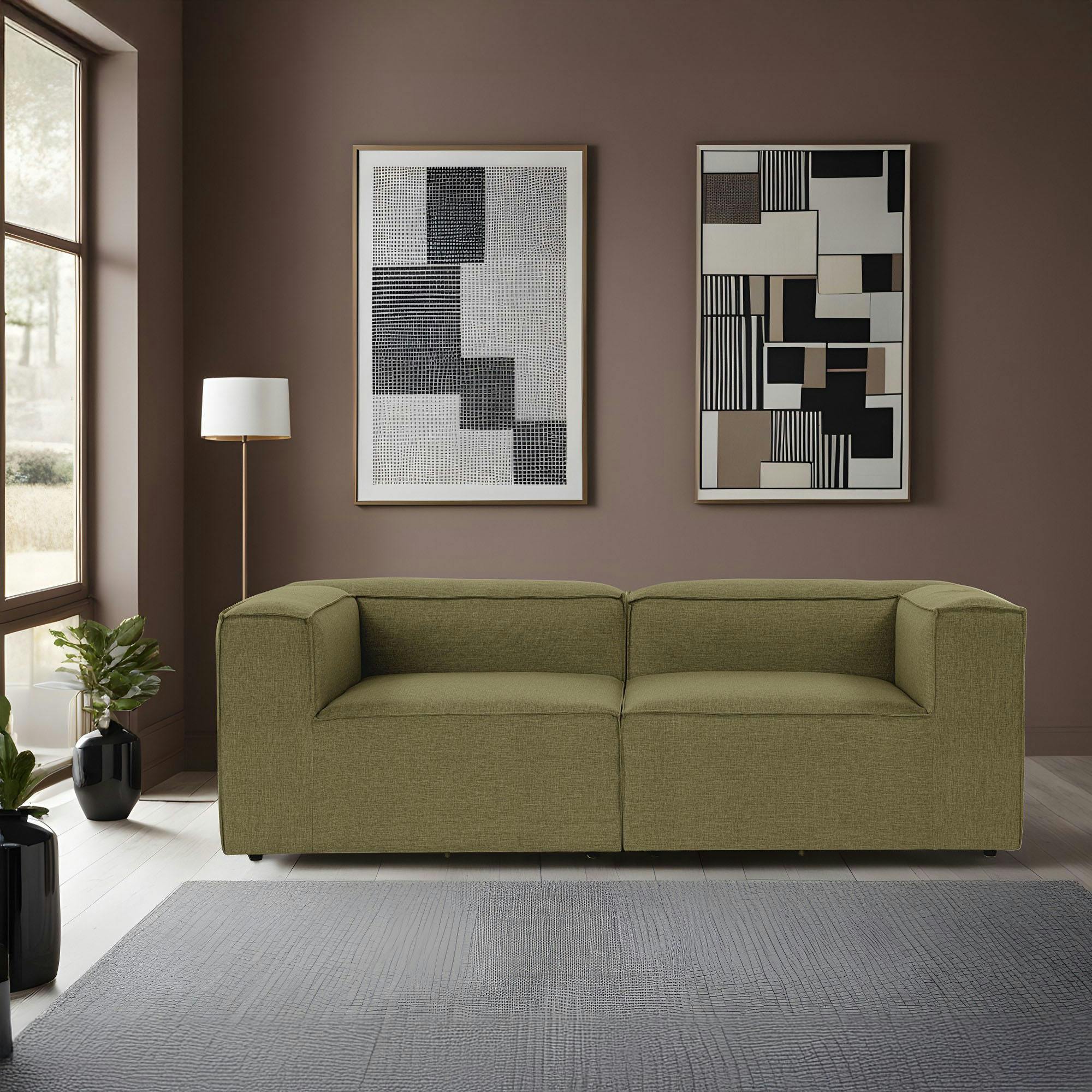 Canapé 2 places lin vert, accoudoirs carrés SPELLO