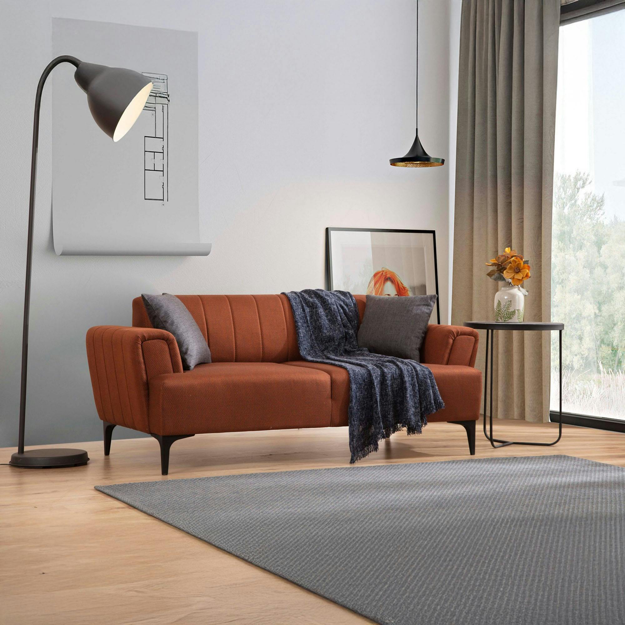 Canapé 2 places rouille, dossier à coutures verticales LUCCA