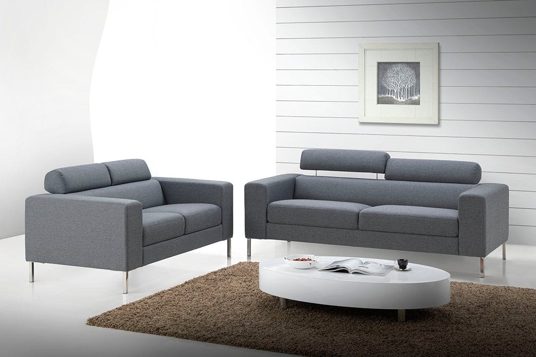 Canapé 2 places tapissier gris et pieds acier chromé 157x88,5x78cm PURE