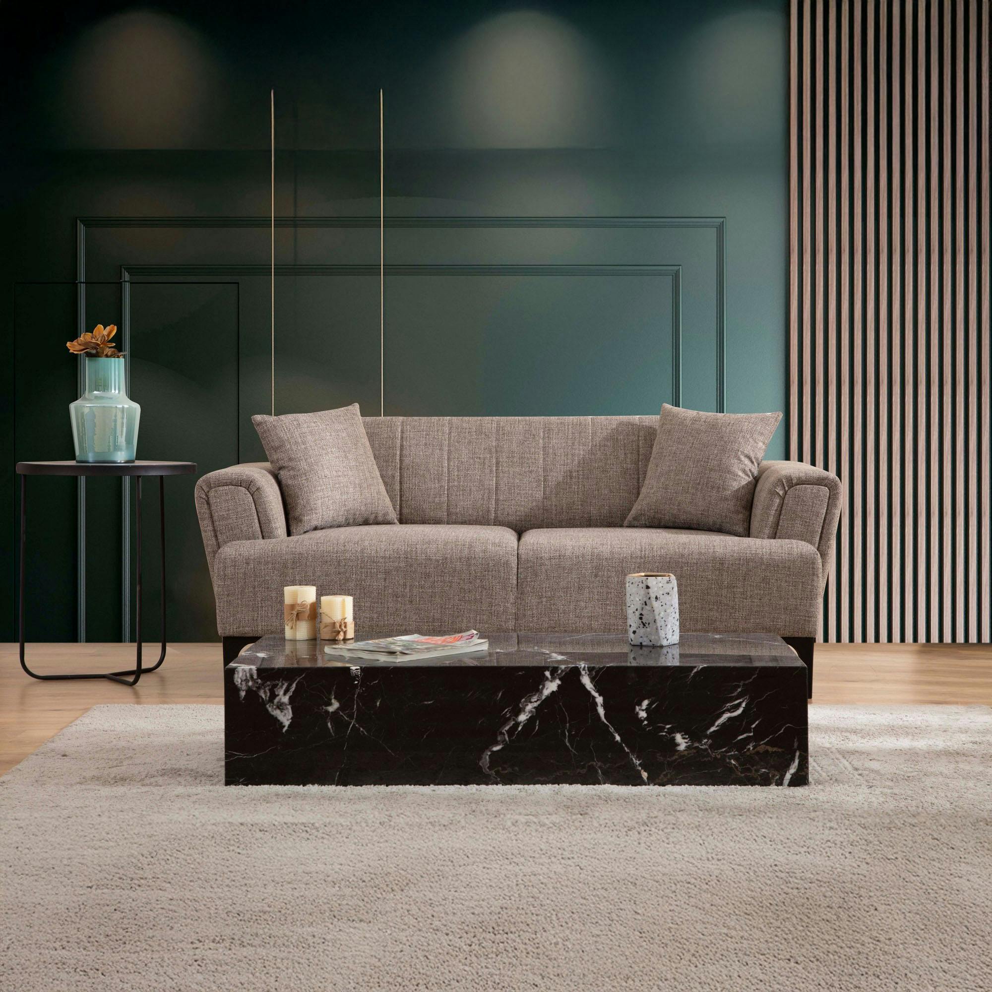 Canapé 2 places taupe, dossier à coutures verticales LUCCA