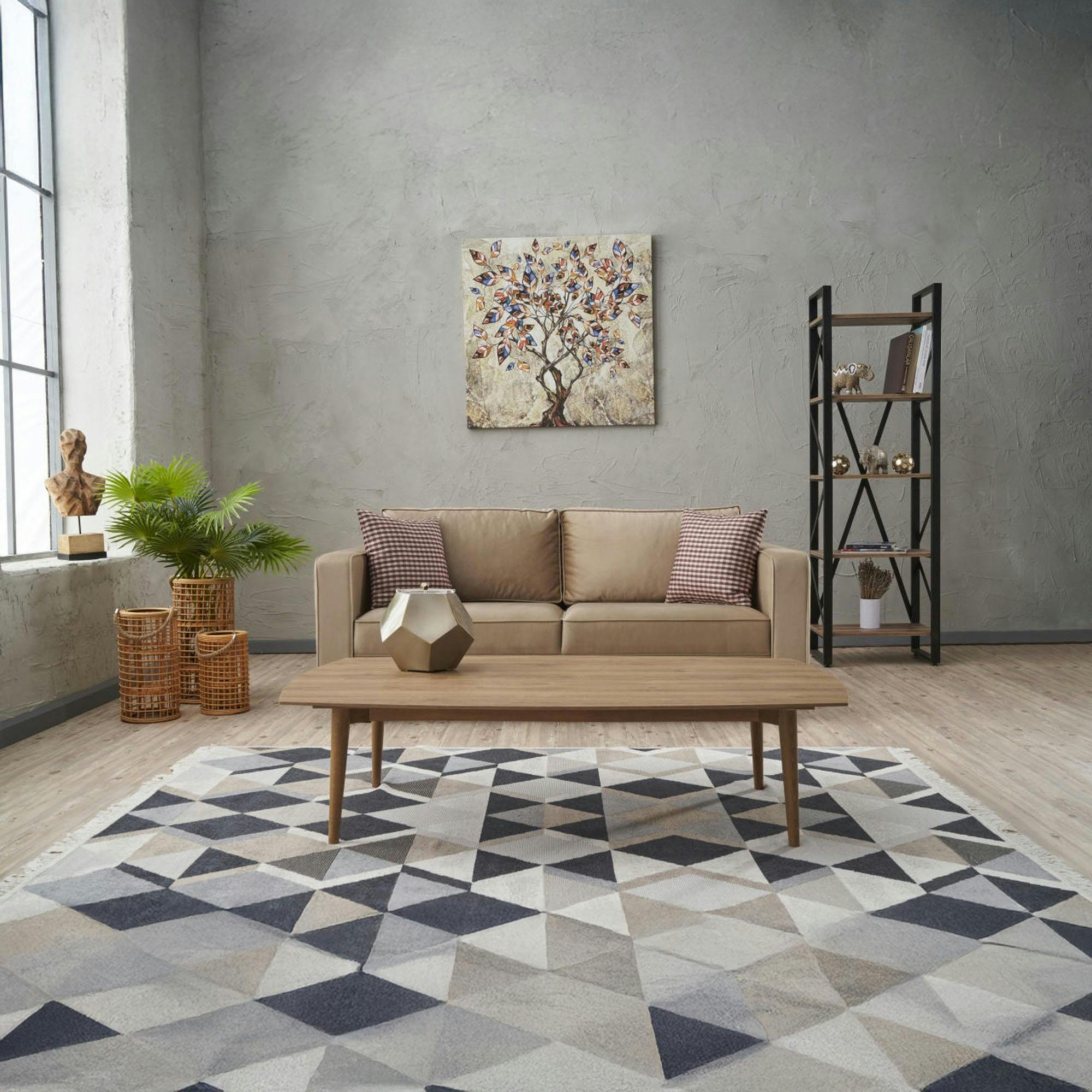 Canapé 2 places velours beige, coussins à carreaux CORTONA