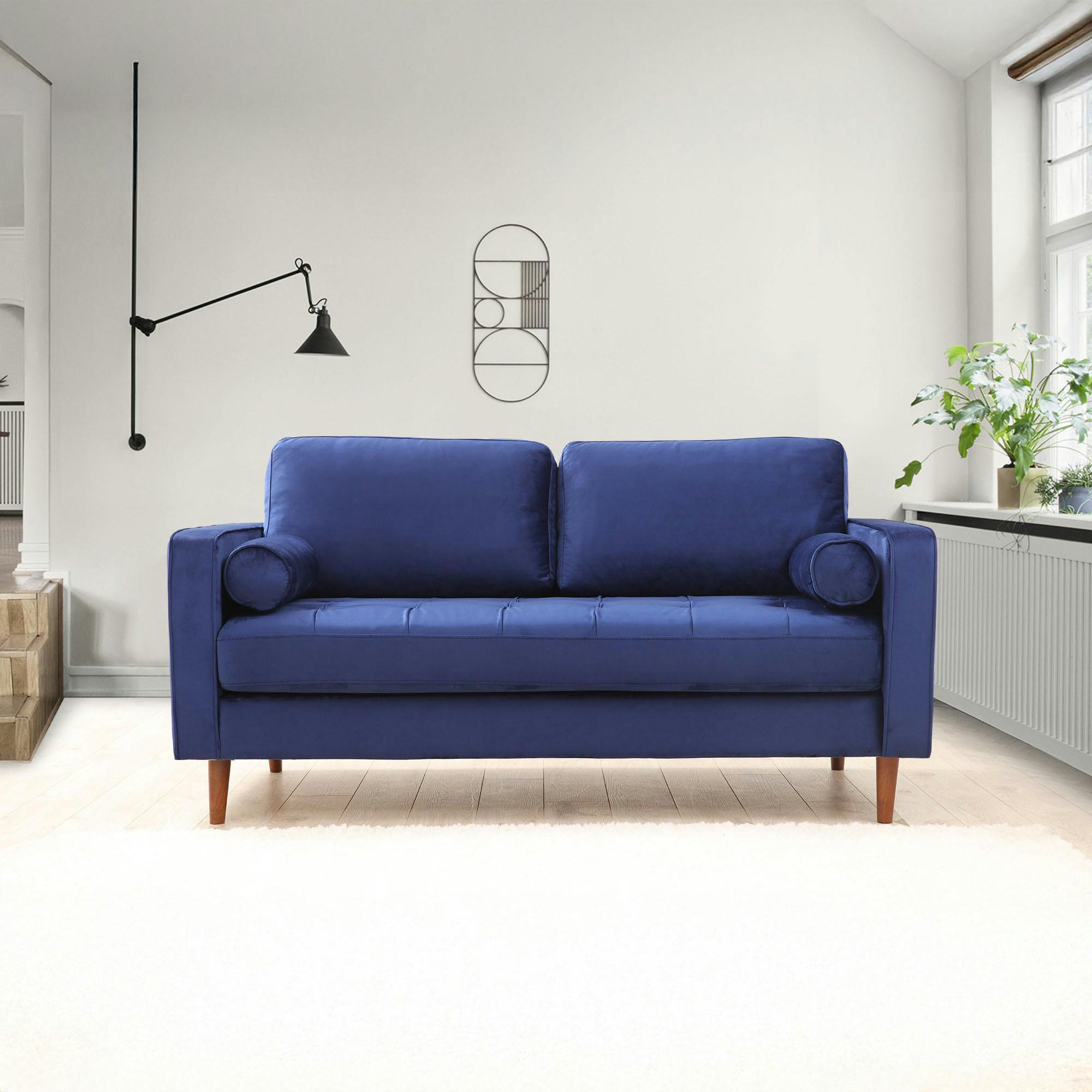 Canapé 2 places velours bleu avec coussins polochons CHIBA