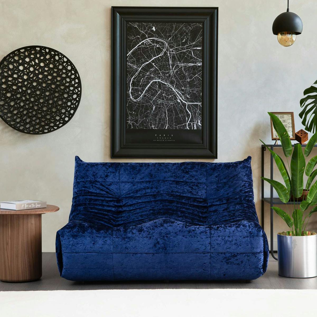 Canapé 2 places velours bleu nuit plissé 145 cm ARVEN