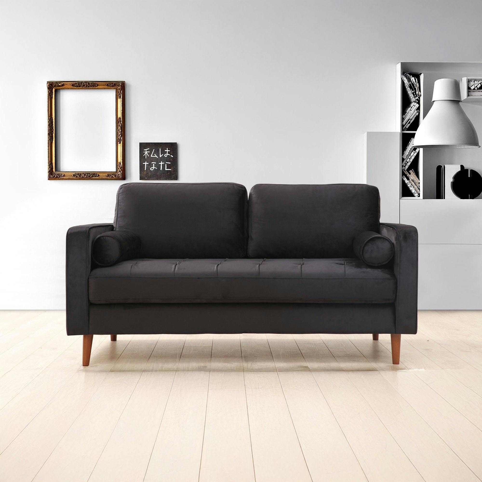 Canapé 2 places velours noir avec coussins polochons CHIBA