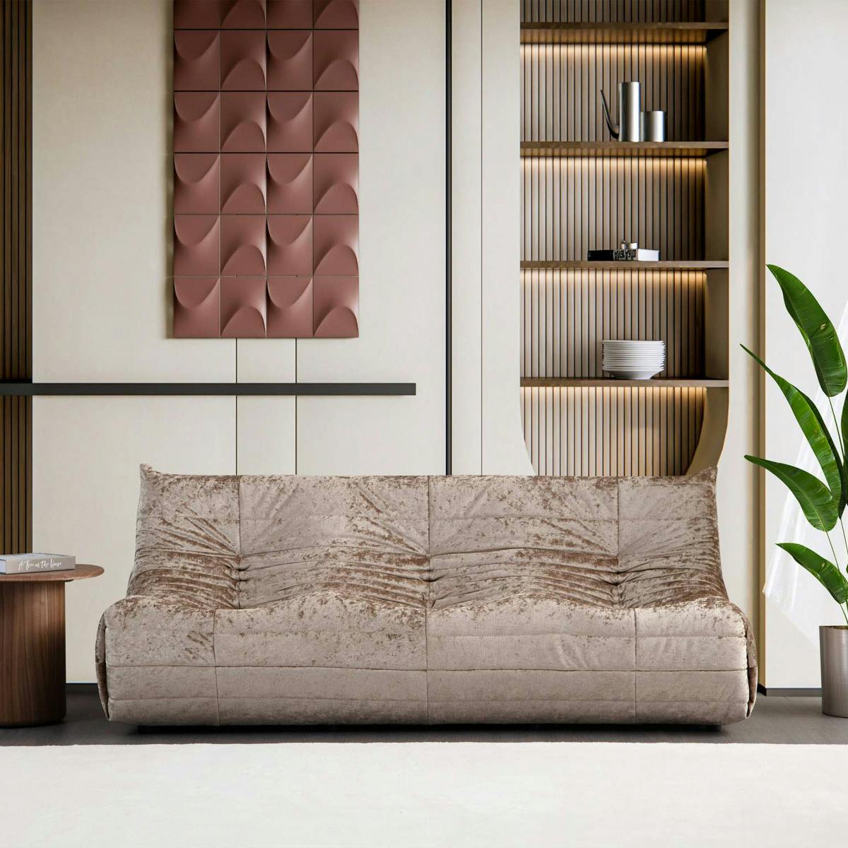 Canapé 3 places beige en tissu plissé 210 cm ARVEN