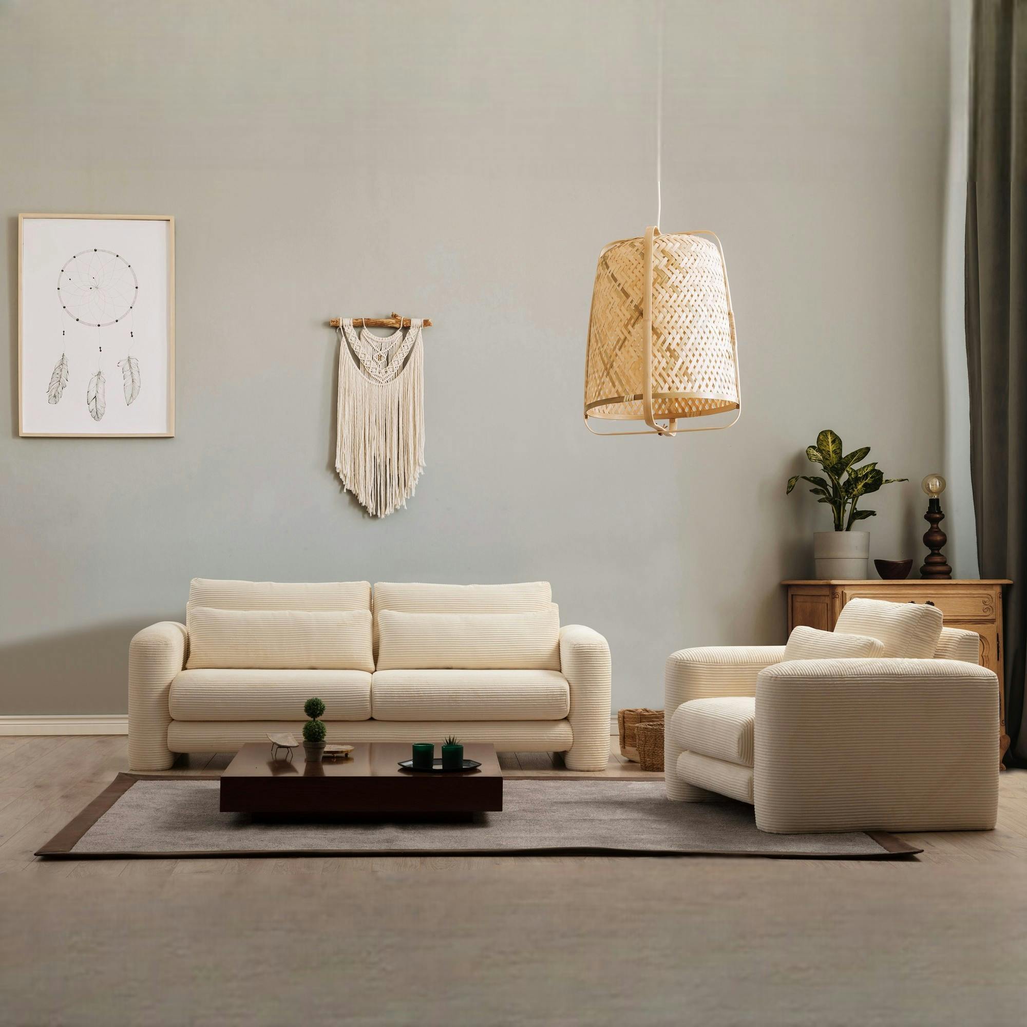 Canapé 3 places beige velours côtelé, lignes arrondies LUCCA